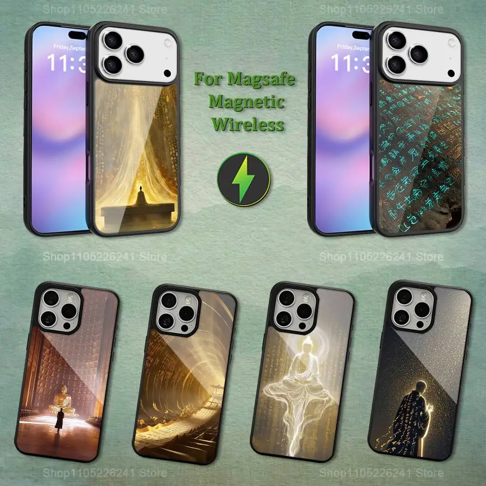 هاتف الكتاب المقدس الفني البوذي لهاتف iPhone 17,12,11,16,15,13,14,Pro,Max,Plus, Mini, For Magsafe, حافظة شحن لاسلكية مغناطيسية
