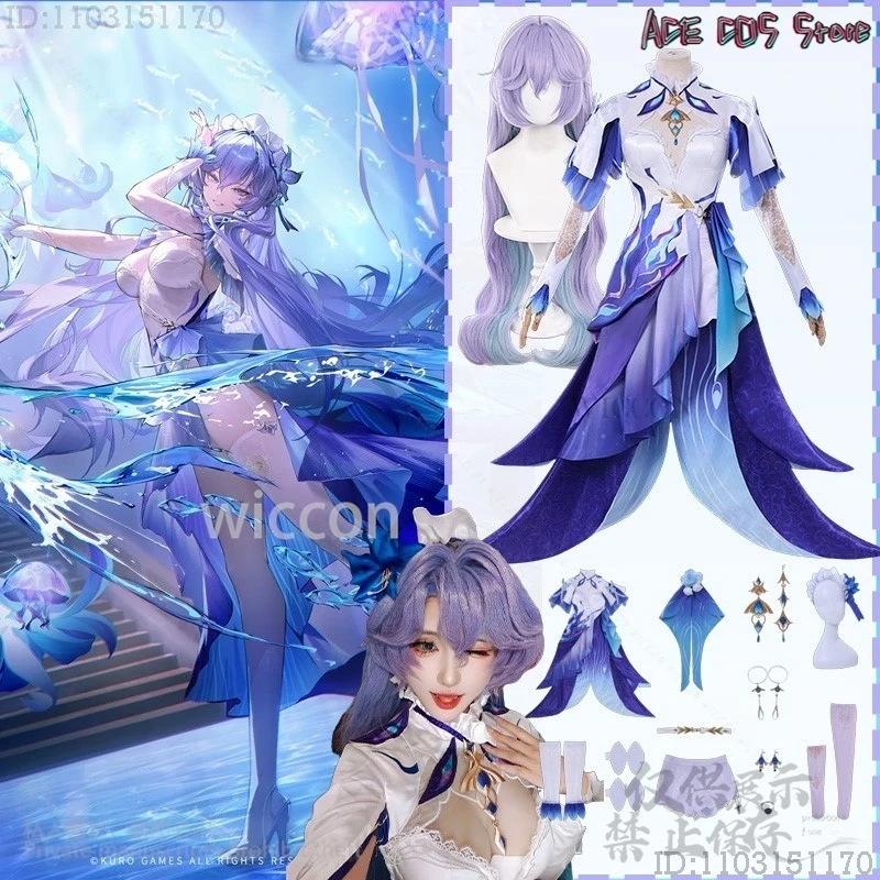 

Wuthering Waves Косплей Кашерелла Медуза Необычное Платье Синий Фиолетовый Лолита Головные Уборы Пушистые Парики Джирай Каэй Девушки Индивидуальные