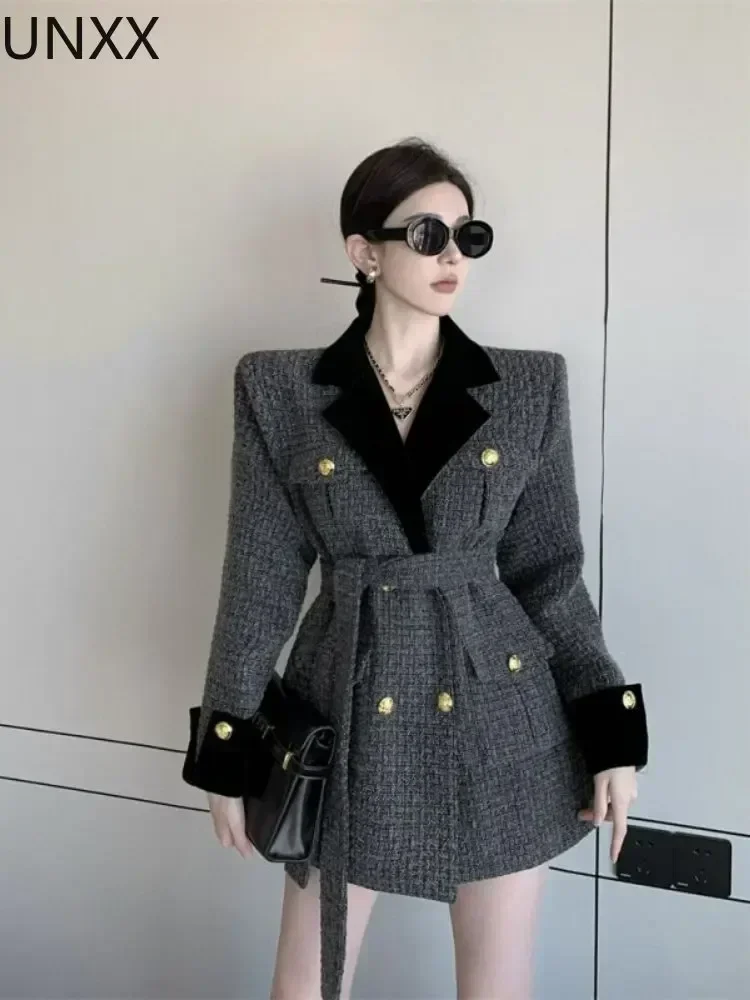 

UNXX New Autumn Winter Blazer Fashion Checkered Vintage Golden Buttons Pocket Women's Notched Collar Belted Blazers Jackets Tops