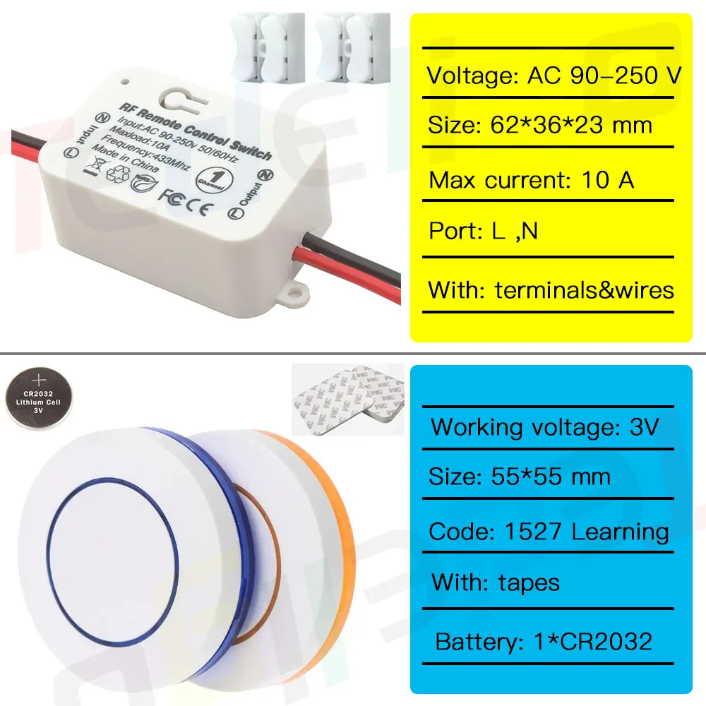 110V 220V 240V Wireless Light Switch Mini Round Panel Wall Switch,RF 433MHz Remote Control Switch for Home LED Light Lamp ON OFF