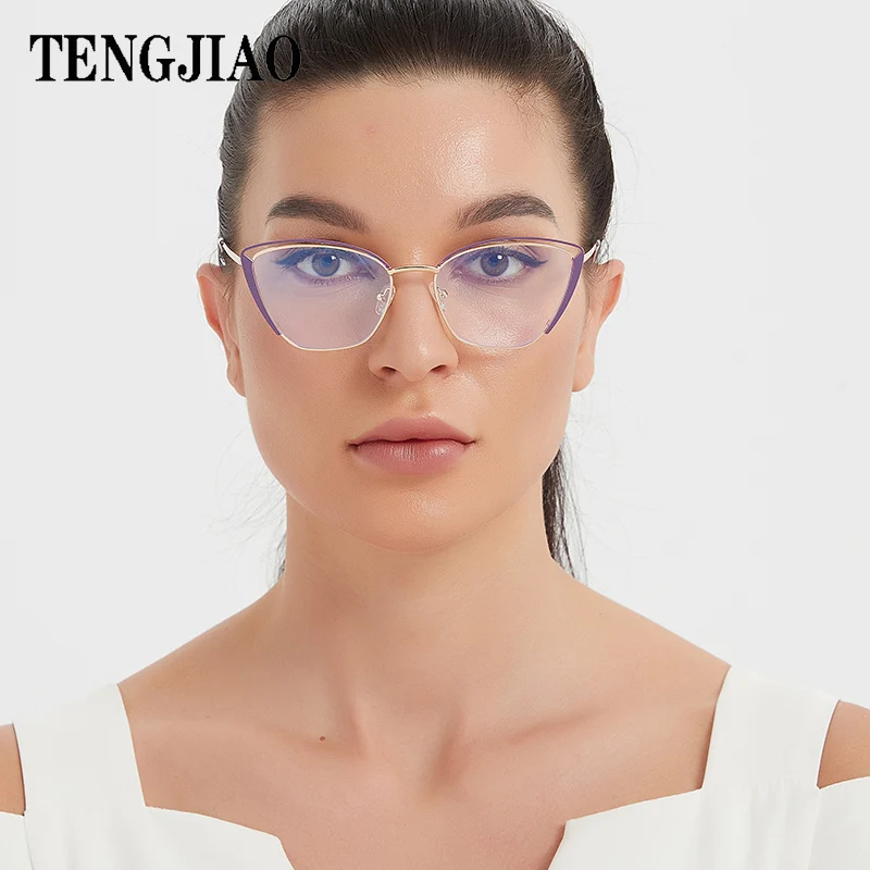 

TENGJIAO Eyeglasses Women Spectacle Frame Anti-Blue Light Rays Computer Optical Fashion Cat Eye Glasses Female Clear Lens