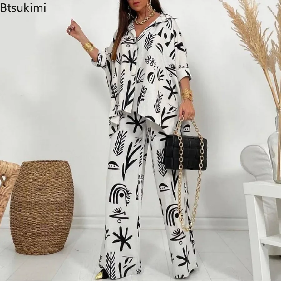 2024 Women\'s Fashion Casual 2PCS Sets Loose Wide Legs Trousers and Long Sleeve Shirts Female Two Piece Suits Sets Vacation Beach