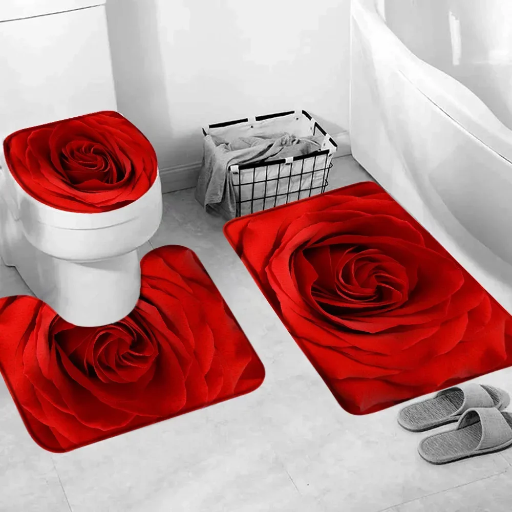 Red Rose Flower Bath Mat Set Fresh Florals Fields and Garden Plant Non-slip Toilet Lid Foot Rug Floor Mat Bathroom Accessory Set