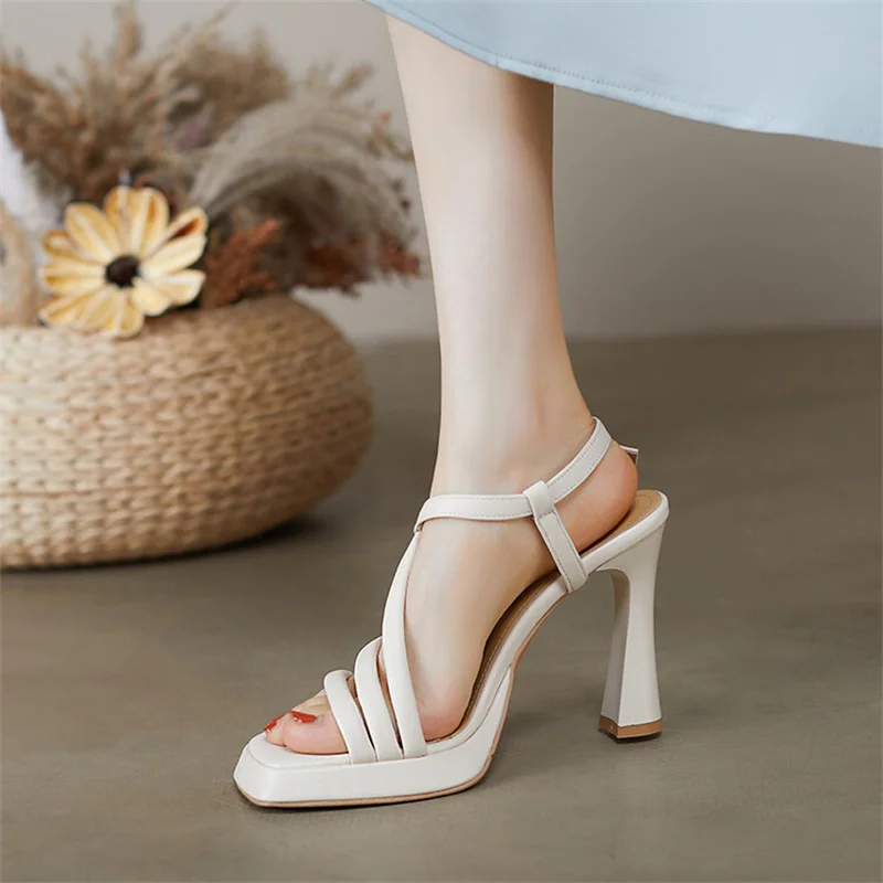 Genuine Leather Open Toe High Heels Sandals Women New Summer Shoes Fashion Sexy Ladies Dress Shoes Female Roman Sandal Thin Heel