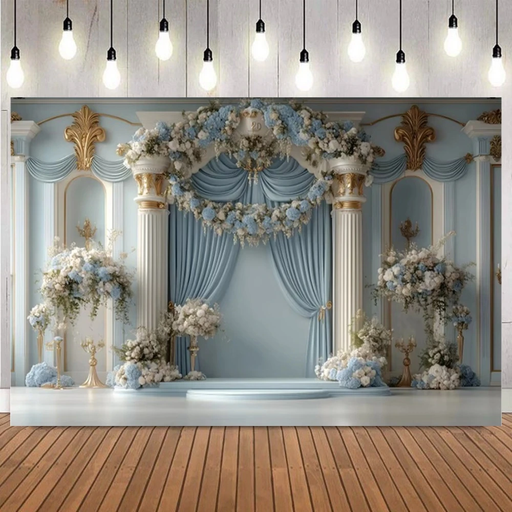 Romantic Fantasy Wedding Photography Backdrop Spring Floral Sheer Curtain European Column Birthday Wedding Art Decor Background