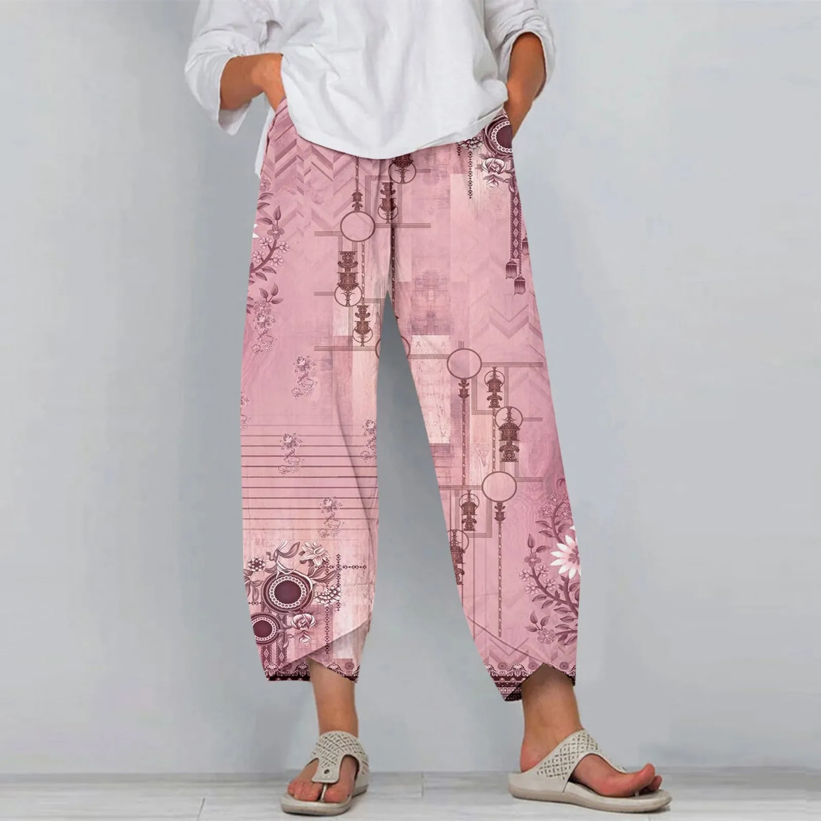 

Casual Wide Leg Pants Women Loose Comfort Elastic Waist Pants Summer New Vintage Flower Printed Cropped Trousers Pantalones