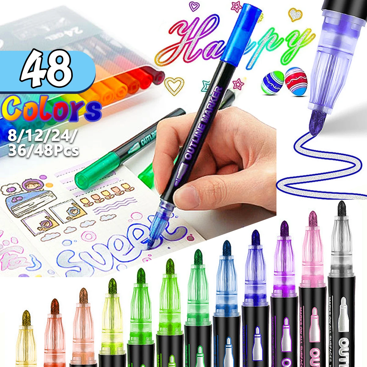

8-48 Color Double-line Outline Pen Contour Pen Dream Flash Pen Self-Contour Metallic Marker Pens DIY Handbook Fluorescent Marker
