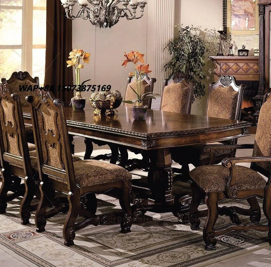 American Antique Design Solid Wood Dining Room Furniture Dining Table With 8 Chairs