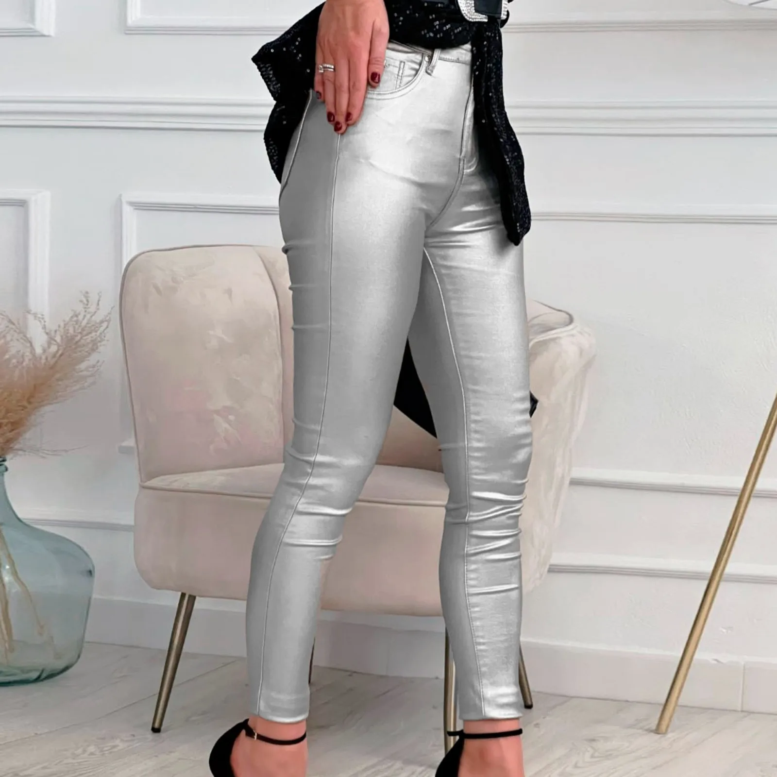 Leggings in Pu pantaloni Sexy oro argento nero collant a vita alta pantaloni a matita donna Streetwear Leggings Skinny in ecopelle