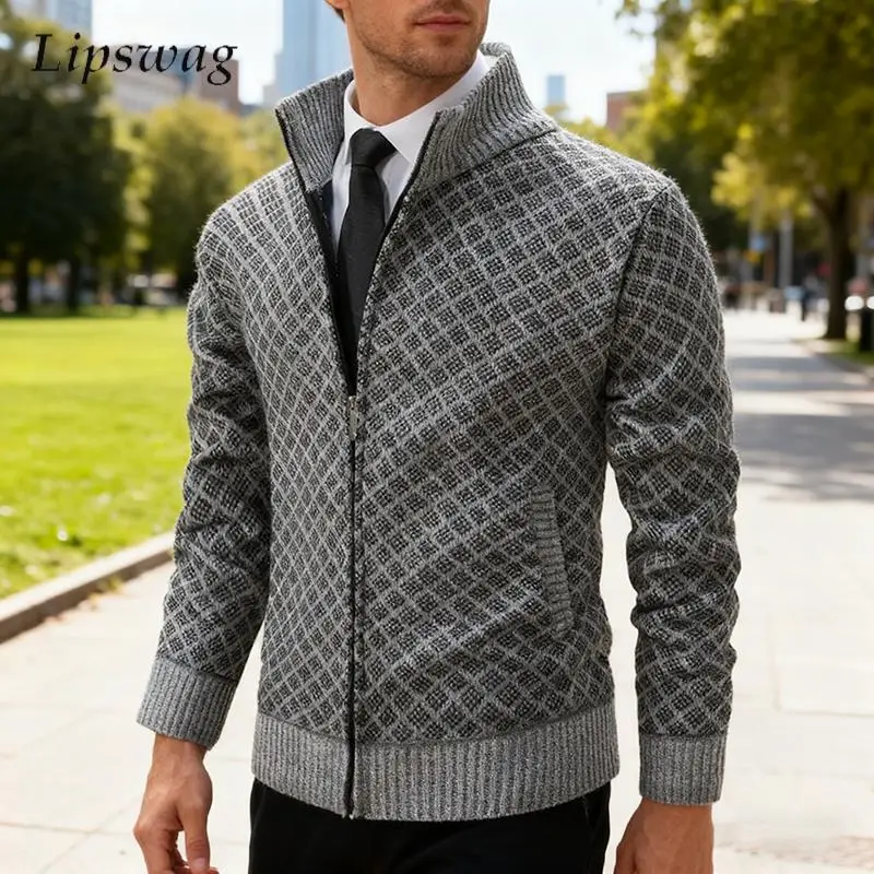

Vintage Stand Collar Zip-up Knit Jacket Coat Men Autumn Winter Business Casual Slim Sweatercoats Mens Stylish Knitting Cardigans