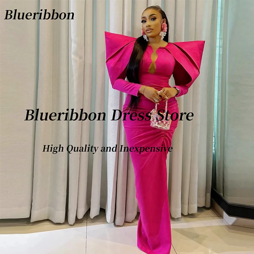 Blueribbon Dubai Saudi Women Wear Long Sleeves Evening Dresses Sexy Neckline Prom Party Dress Ruched Trumpet Formal Gowns