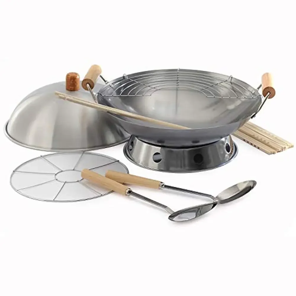 

10-Piece Wok Cooking Set with Reversible Burner Ring Carbon Steel 14" Silver