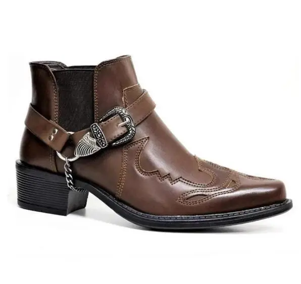 

Punk Style Clasp Buckle with Chains Man Ankle Boots Med Chunky Heels Brown Black Embroidery Western Boots for Men