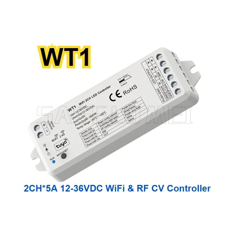 WiFi & RF2.4GHz 2CH LED Controller WT1 12-36VDC Push Dim Tuya smart APP for Single Color or Color Temperature LED strip Light