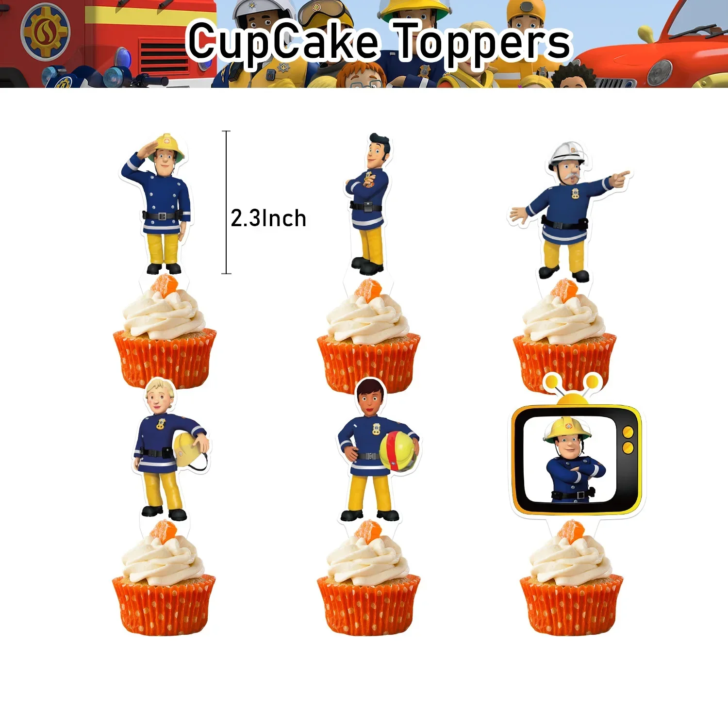 Descartável Party Cake Topper, Balões Estilo, Hanging Flag, Fireman Sam, Fireman Party Series, Decoração de Bolo de Aniversário