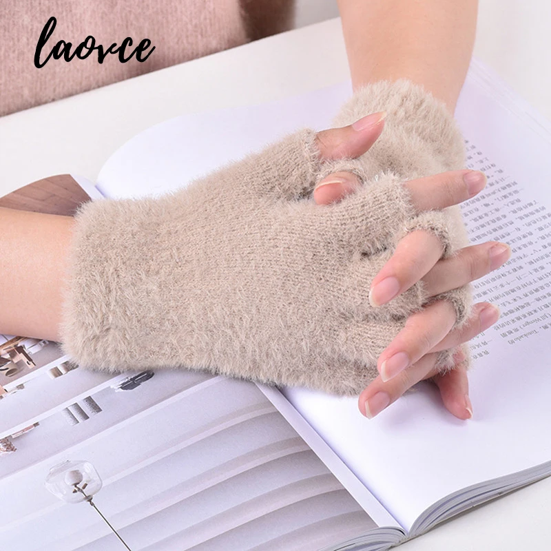 

Women Half Finger Winter Imitation Mink Cashmere Gloves Touch Screen Writing Woolen Warm Mittens For Driving Outdoor Sports T222