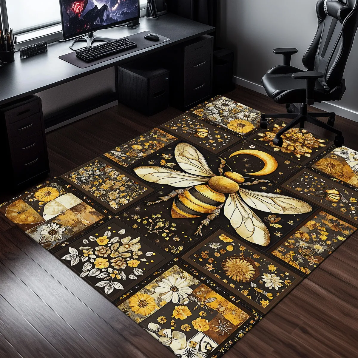 

Golden Bee Floral Patchwork Crystal Velvet Rug Vintage Insect Design Office Study Area Rug Artistic Floor Mat