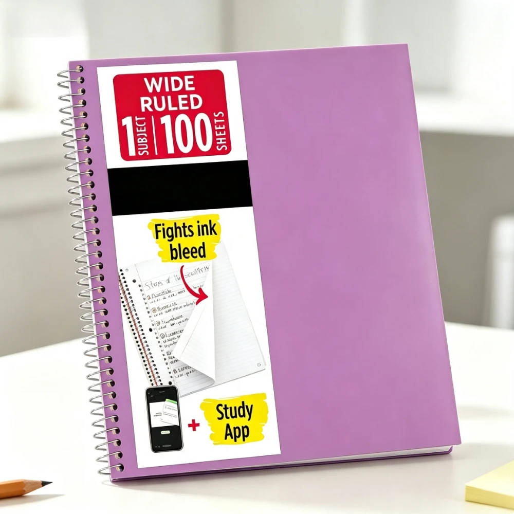 Amethyst Purple 1 Subject Wide Ruled Notebook 8x10.5 Inch, 100 Pages Wire Spiral Notebook, Back To School Essential Student Journal Notebook