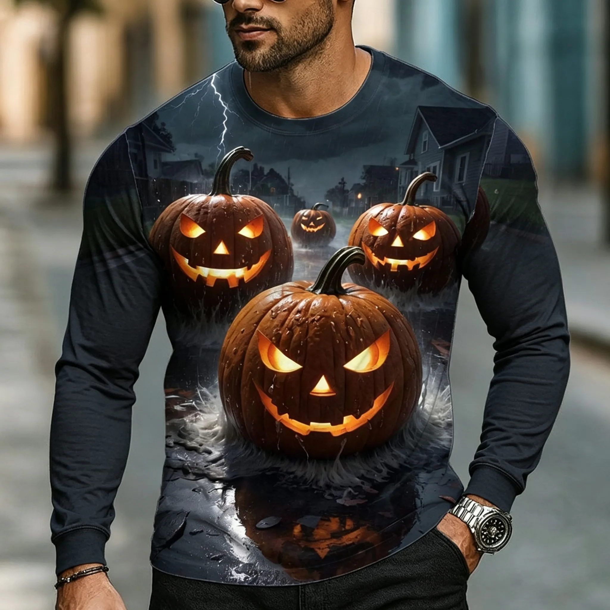 Men's Long Sleeve T-Shirt Halloween Glowing Pumpkin 3D Print Storm Scenery Gothic Casual Street Tops