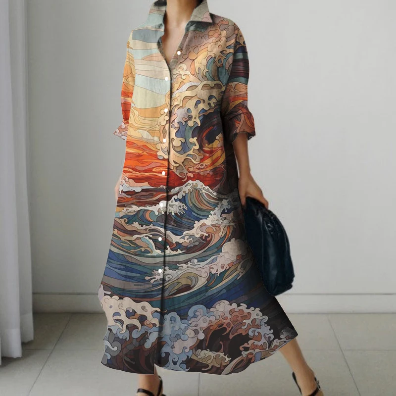 Japanese Wave Print Autumn Long-sleeved Shirt Dress Street Fashion Single-breasted Knee-length Skirt Loose And Comfortable