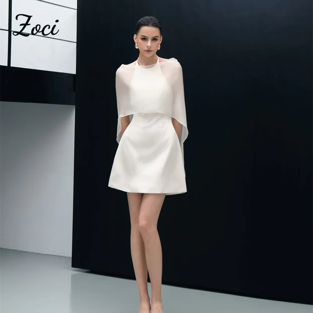 

Zoci Halter Neck Short Korea Evening Dresses With Cape Silk Satin Customized MIni Formal Evening Party Dress Phostos Shoot 2026