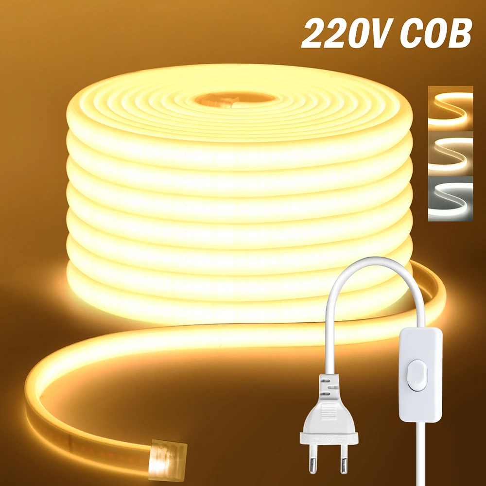 220V Switch 5m 10m 20m 30m 40m COB LED Neon Strip Light Flex Lamp 288LED/M Warm White 0.5m 1m 2m Waterproof Room Garden Lighting