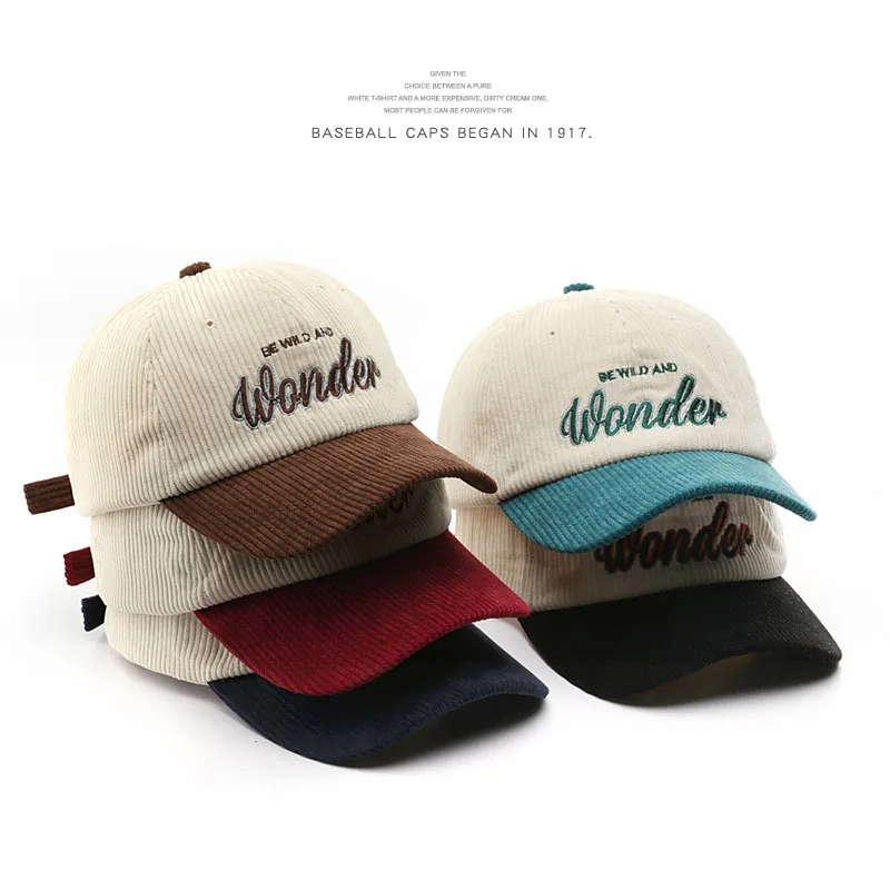 Corduroy Colorblock Embroidery Baseball Cap for Women Men Retro Autumn Winter Baseball Cap Cotton Snapback Men\'s Cap Sun Hat