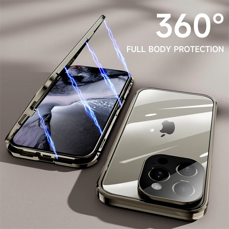 360 Full Body Protection Magnetic Metal Bumper Case for IPhone 15 14 13 12 11 Pro Max Plus 15Pro IPones Front Back Glass Cover