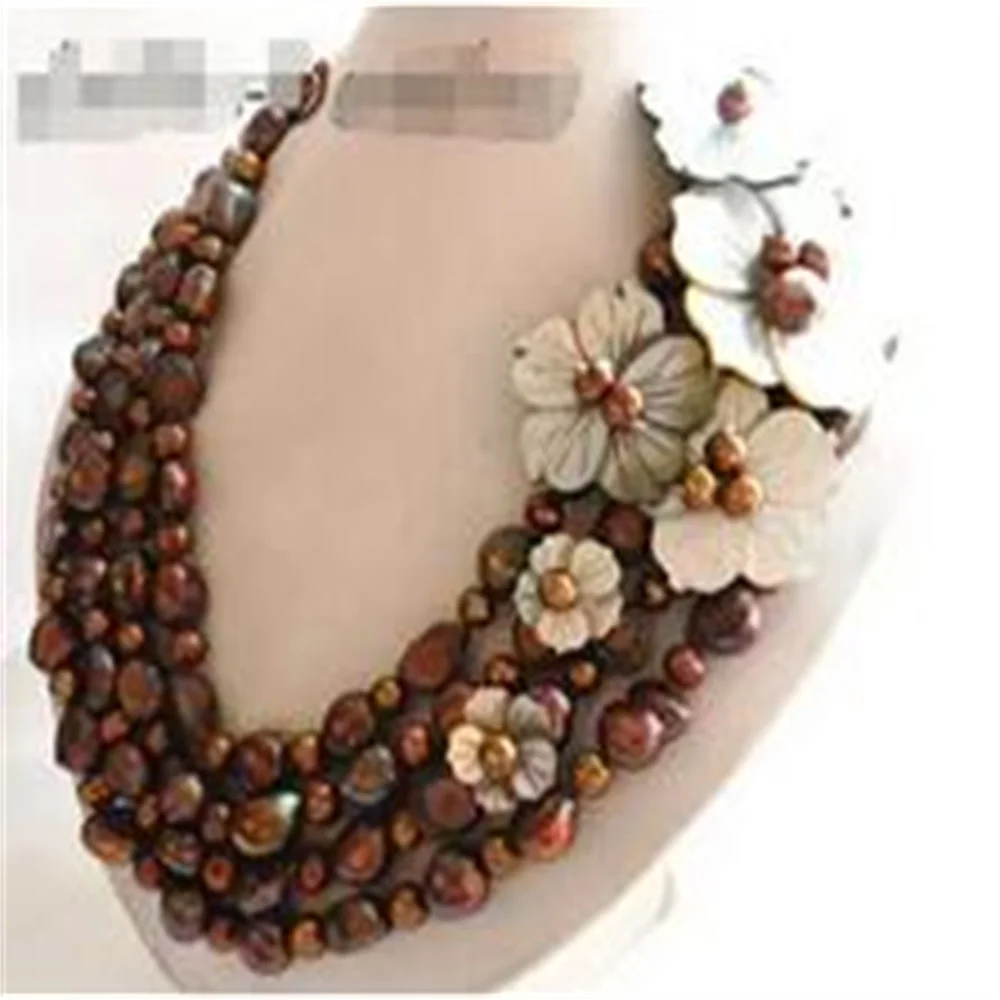 4Strands 19'' 12mm Coffee Baroque Shell Flower Freshwater Pearl Necklace