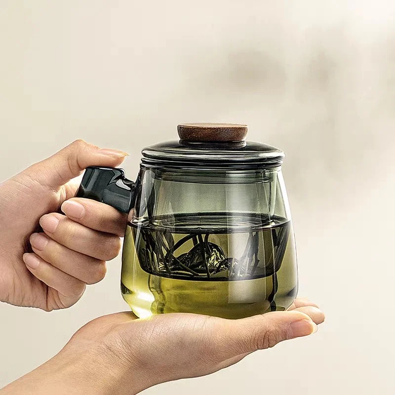 

400 мл термостойкая стеклянная чашка для чая с фильтром, офисная многофункциональная кружка для разделения чая, деревянная ручка, кружка для чая с цветком для заваривания