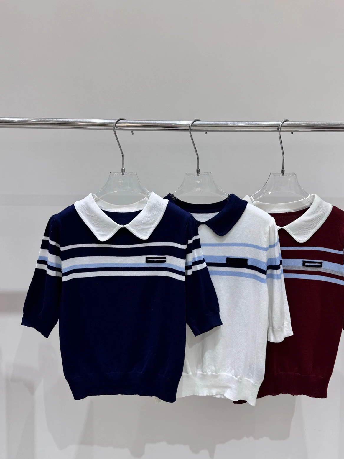 

VIBE Summer New Style College Wind Striped Color Block Doll Collar Short Sleeve Knitted Sweater Women Slimming Versatile Top