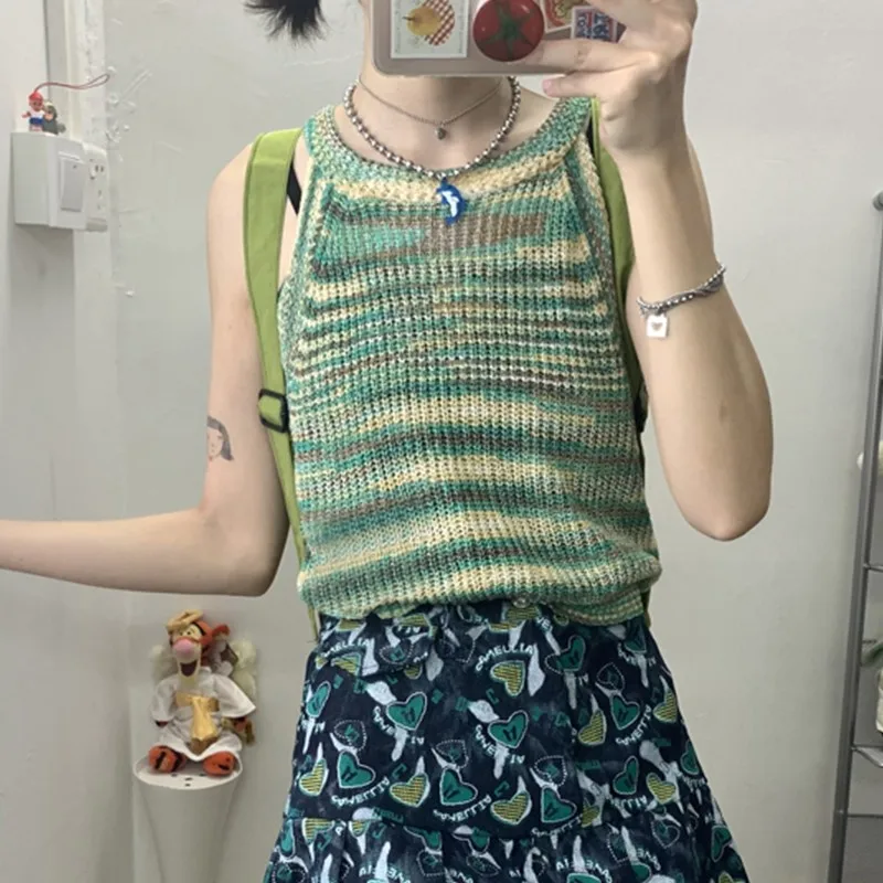 Karrram Japanese Harajuku Tank Tops Cottagecore Y2k Aesthetics Striped Vest Women Korean Fashion Kawaii Knit Crop Tops Vintage