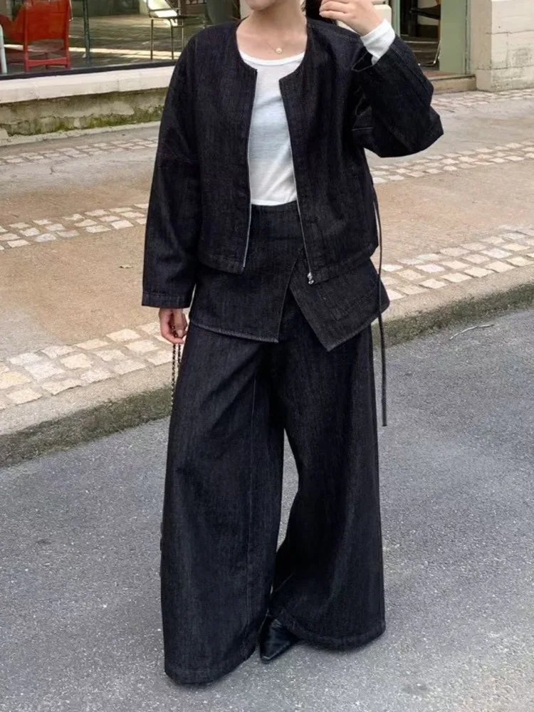 Setelan Denim WHTREND untuk Wanita Jaket Pendek Bertali Serut + Celana Panjang Kaki Lebar Set Tiga Potong Dapat Dilepas Musim Gugur Baru WH1625