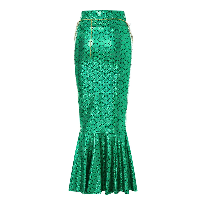 Women s Shimmering Mermaid Tail Skirt Sparkling Holographic Scale Patterned Maxi Skirt with Elegant Pearl Chain Detail for