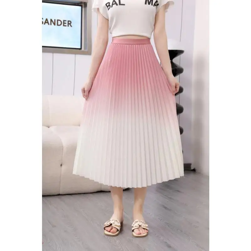 Nova saia gradiente drapeada de alta qualidade feminina nova saia longa de cintura alta saias plissadas alongadas