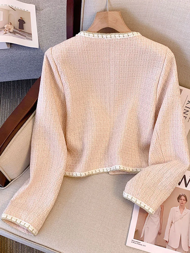 Korean Fashion Elegant Cropped Jackets Women Casual O-neck Single Breasted Outerwears Tops Spring Fall Long Sleeve Chaquetas New