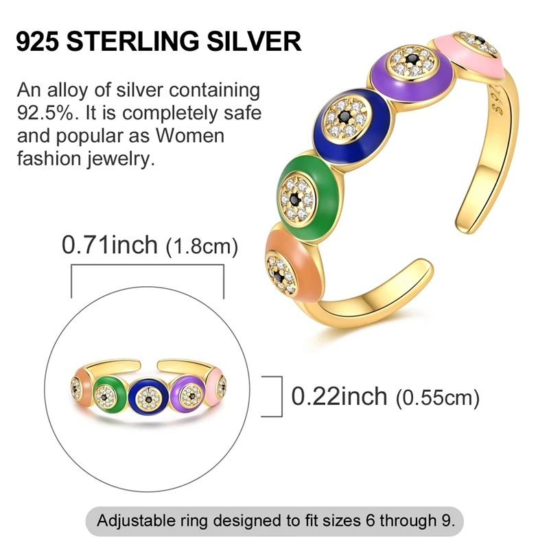 Gold Plated 925 Sterling Silver Evil Eye Adjustable Ring, Gift