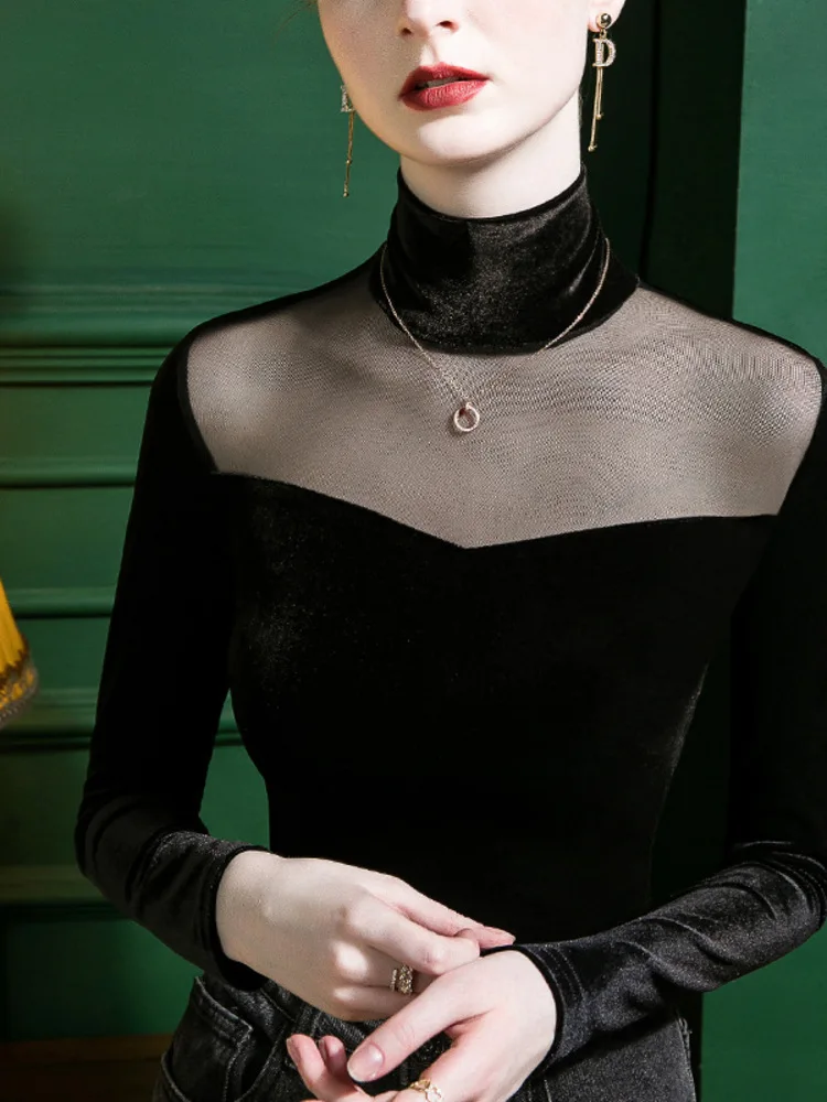 

High Neck Mesh Splicing Perspective Velvet Base Shirt For Women's Slim Fit And Sexy 2025 Autumn/Winter Inner Top Winter T-Shirt