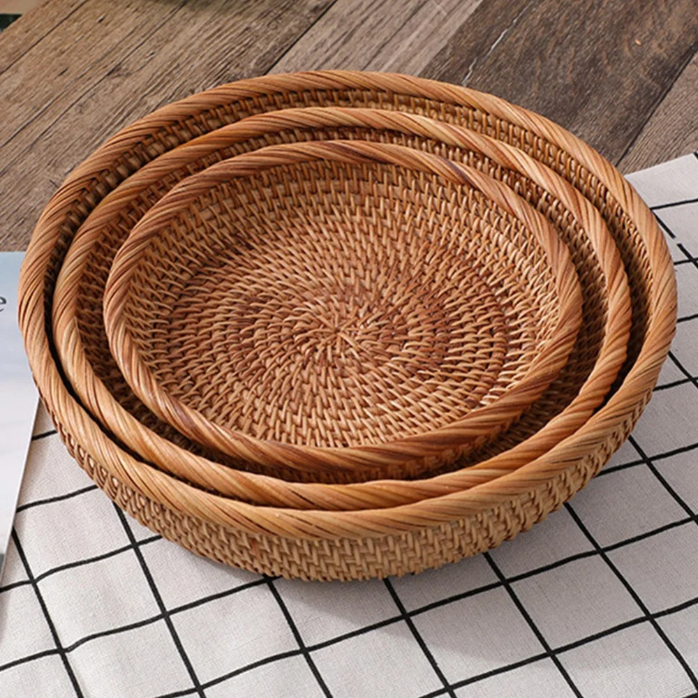 Natural Color Rattan Handwoven Storage Baskets For Home Living Room Dinner Table Snack Fruit Vegetable Food Round Woven Tray Box