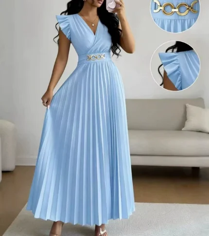 

Women's Dress 2026 Spring Summer New Solid Color V-Neck Sleeveless Pleated Waist Cinching Temperament Casual Long Dress
