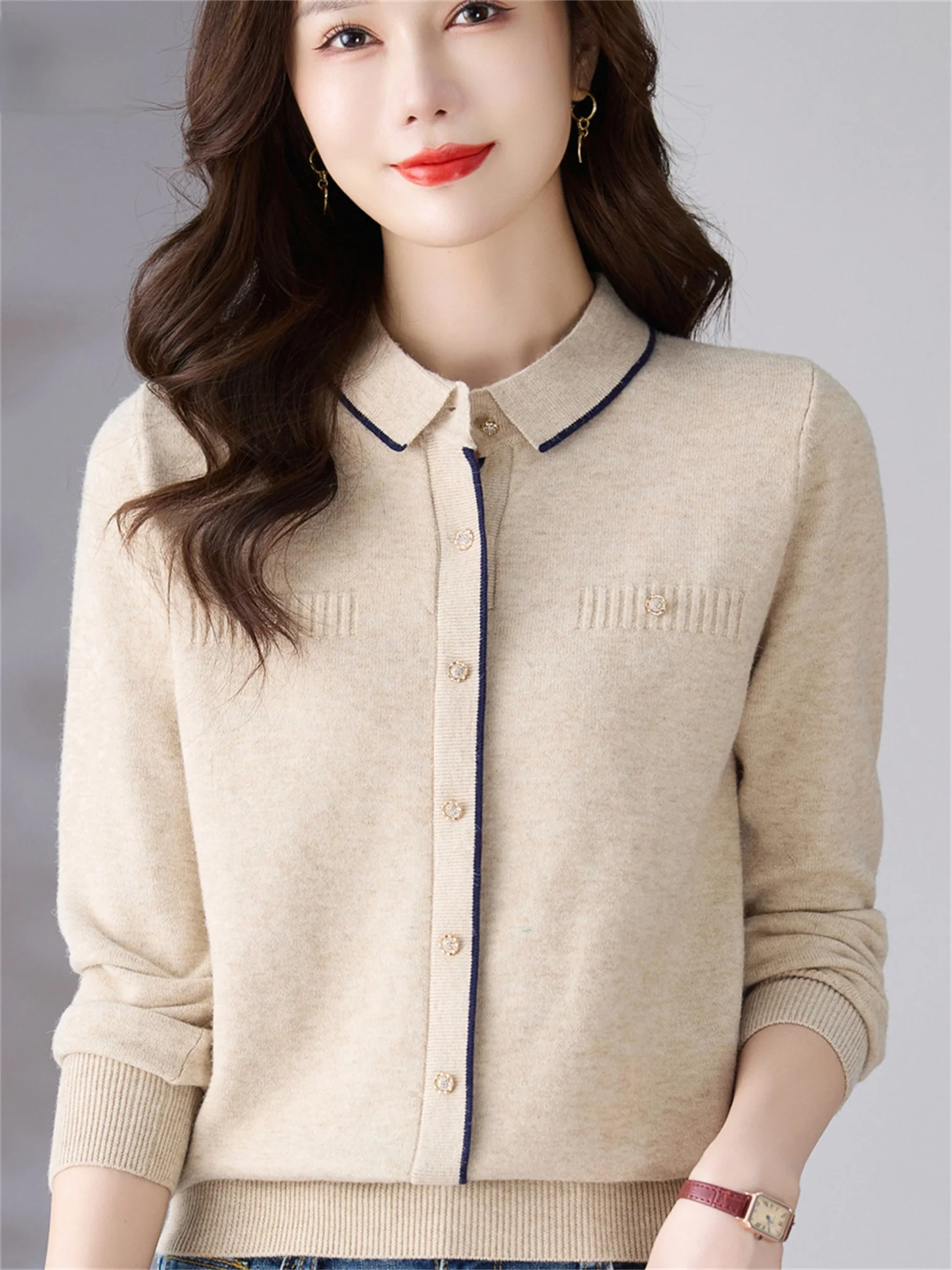 

Loose Knitted Woolen T-irt Collared Faionable Top for Middle-Aged Women Autumn Spring New Sle Casual Wear Easy Clean