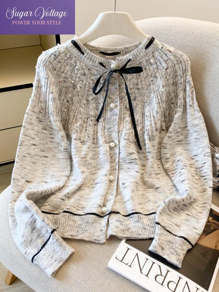 

Autumn French Vintage Fashion Knit Soft Sweater Women Slim Long Sleeve O-Neck Bow Pearl Button Cardigan Casual Elegant Chic Tops