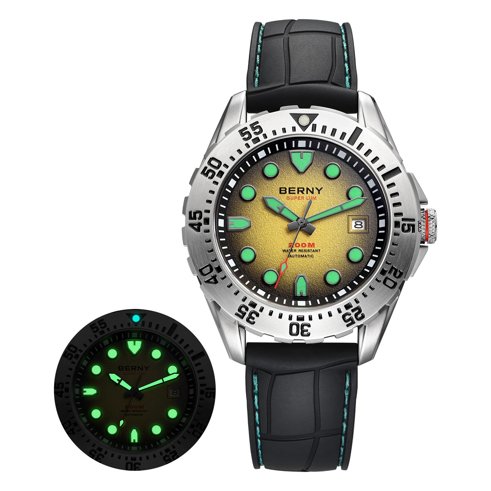 BERNY 20ATM Automatisch Duikhorloge voor Mannen MIYOTA 8215 Top Nauwkeurigheid 316L Staal Supper Lichtgevende Saffier AR Heren Duikhorloges