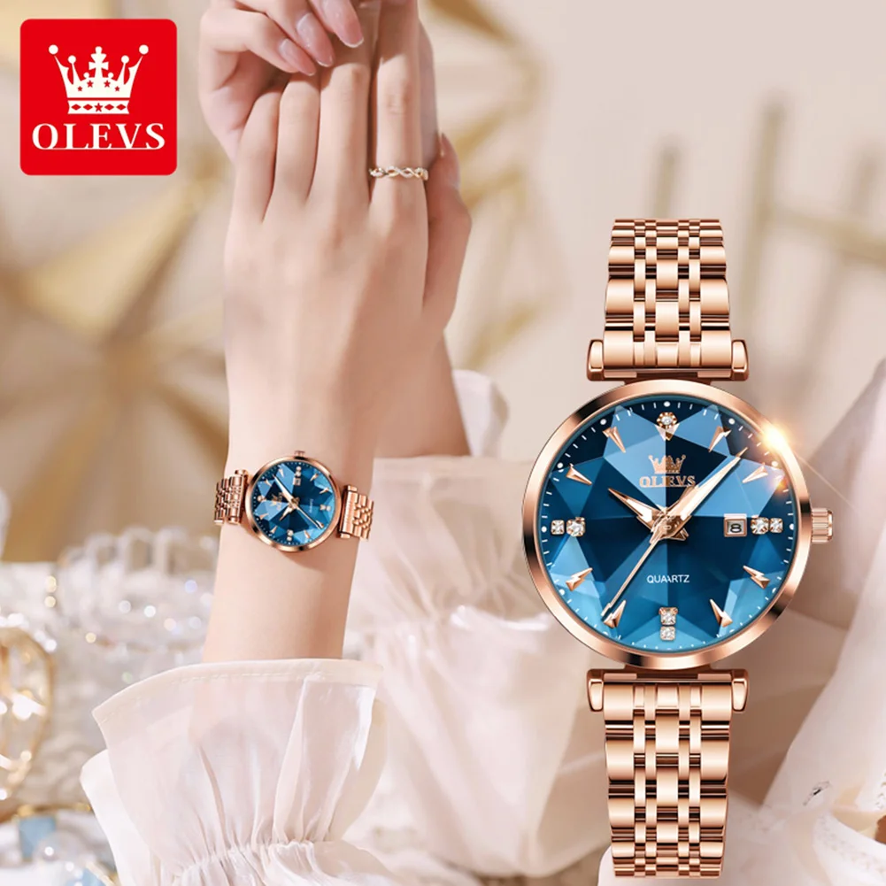 OLEVS Quartz Watch for Women Rhombus Mirror Solid Stainless steel Top Brand Original Waterproof Elegant Bracelet Watch Set Gift