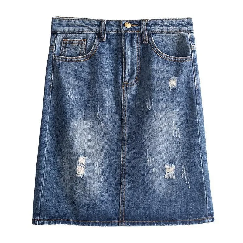 

High Waist Coquette Midi Jeans Skirts for Women Blue Woman Denim Skirt Sexy with Pocket Ripped Zipper To Knees Length New in V