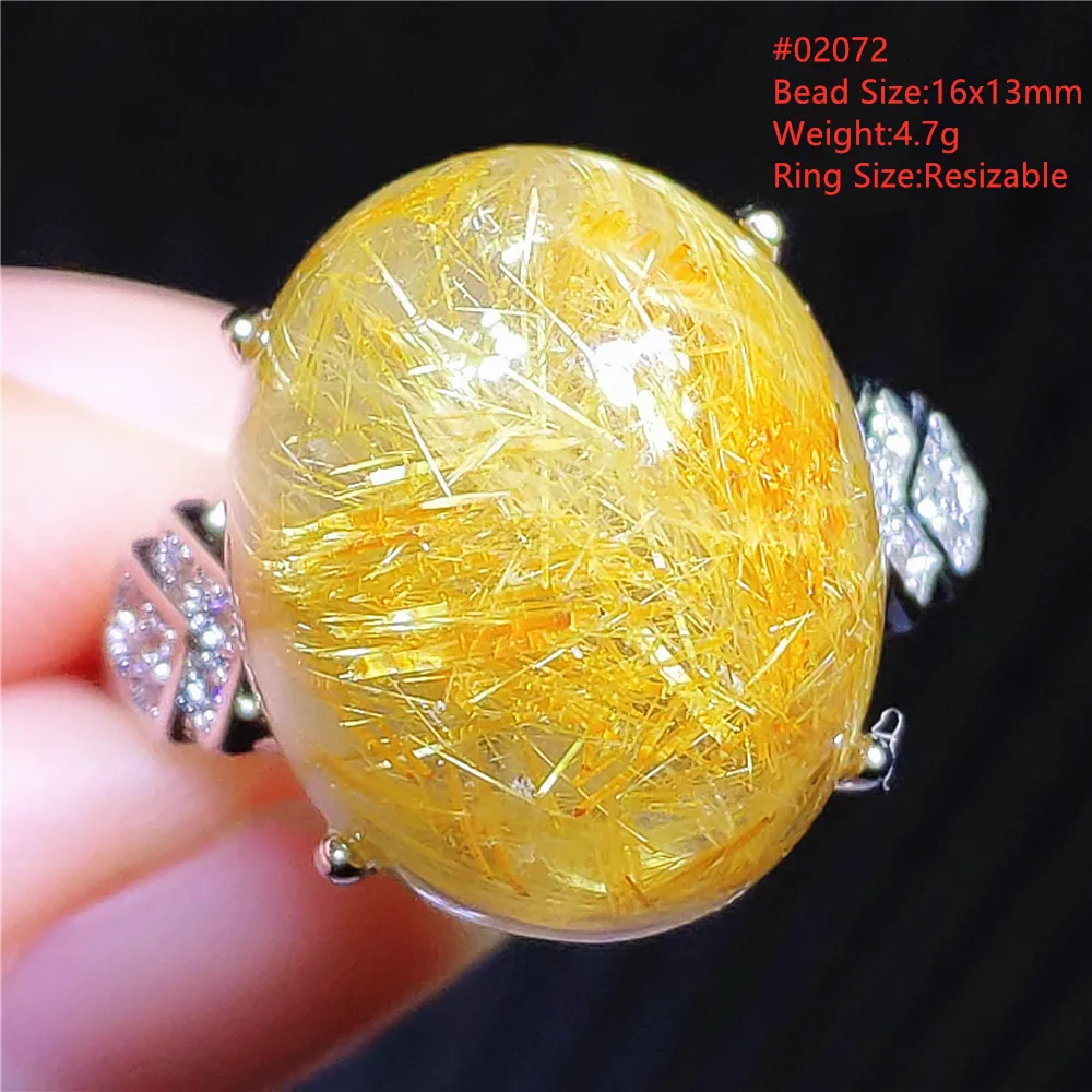 Natural Gold Rutilated Quartz Adjustable Ring Women Men 925 Sterling Silver Wealthy Bead Rutilated Ring Jewelry AAAAAA