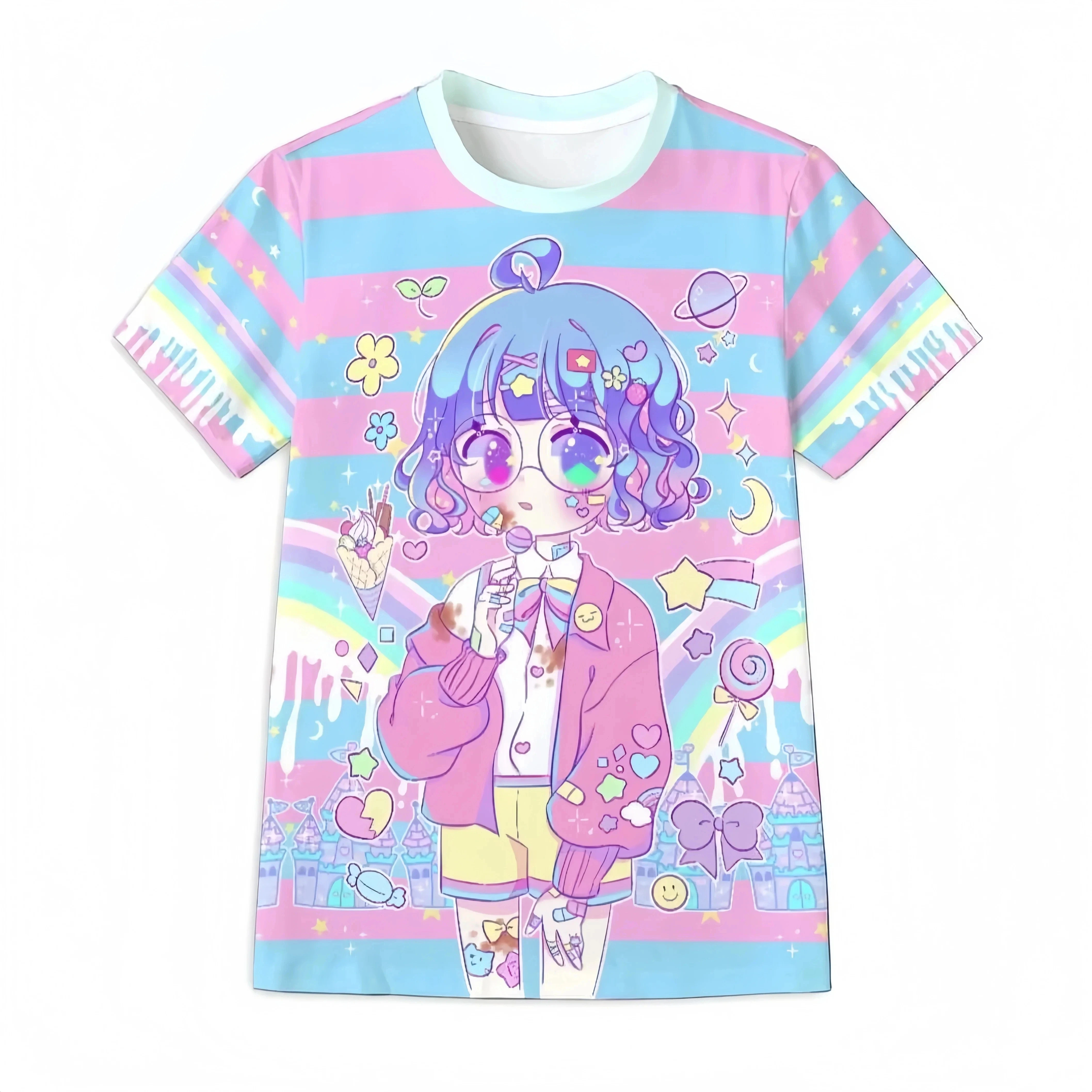 2026 Parent-Child 2D Dopamine Harajuku Style Y2K Anime 3D All-Over Print T-Shirt, Dreamy Macaron Casual Short Sleeve