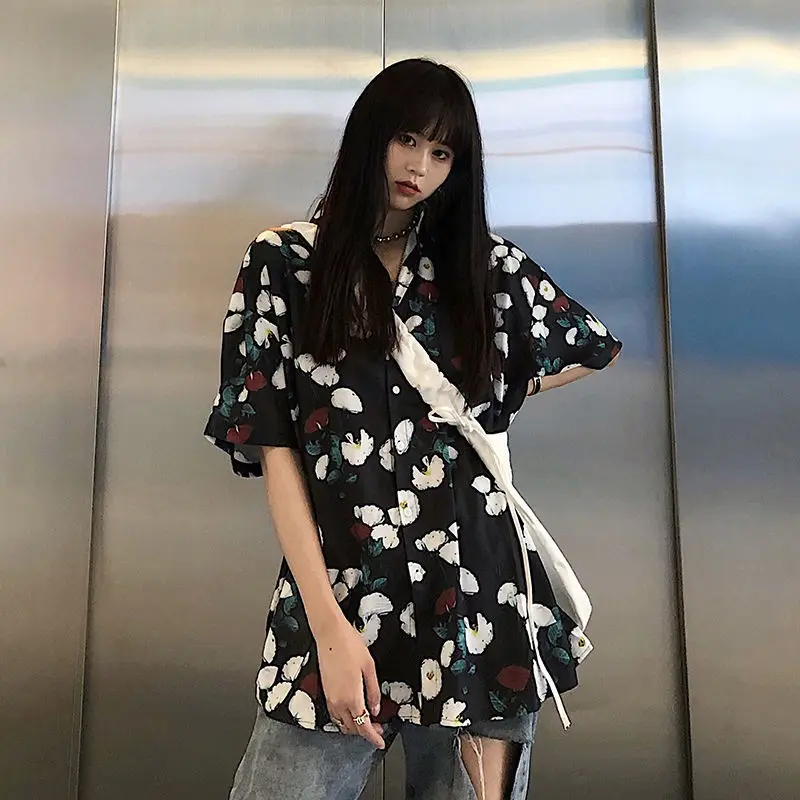 2022 Summer Button Up Shirt for Women Girl Blouse Tops Harajuku Streetwear Holiday Beach Hawaiian Clothes Cardigan Y2k Clothing