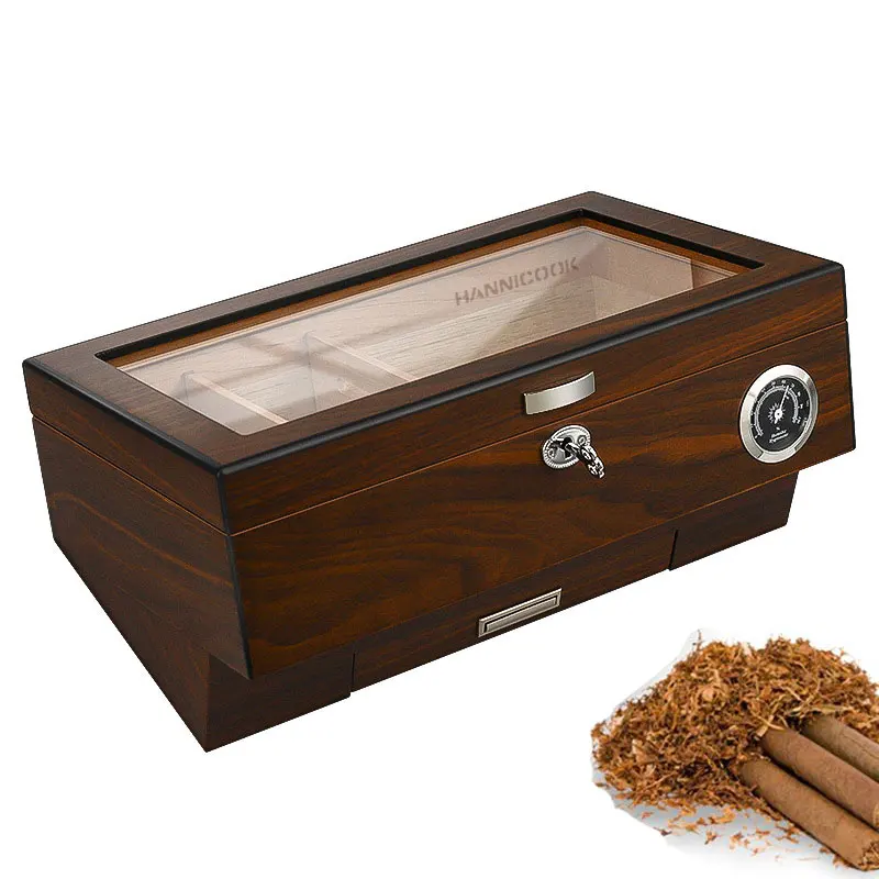 Cigar Wood Humidor Glass Top Cigar Display Humidor With Divider Safety Lock Humidifier Hygrometer cigar cases for 50 cigars