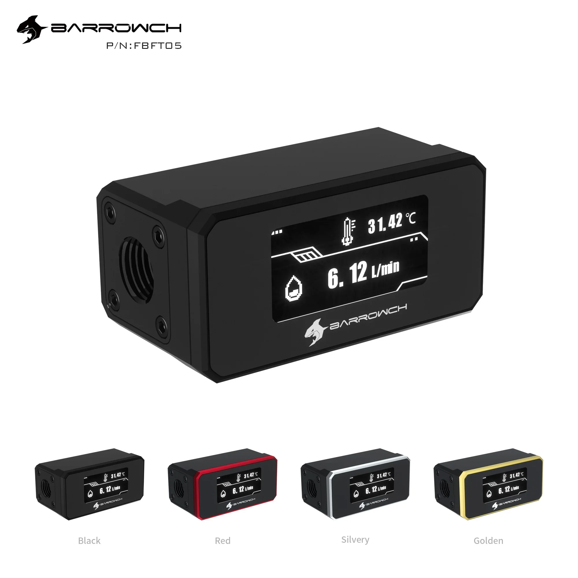 Barrowch FBFT05 OLED Digital Water Flowmeter Temperature Monitoring, 2 in 1 Real-time Detection Water Cooling Functional